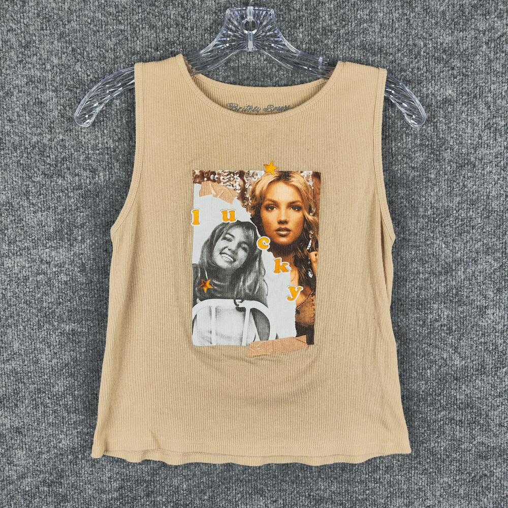 Vintage Britney Spears Tank Top Womens Medium Beige Lucky Graphic Ribbed 2000s